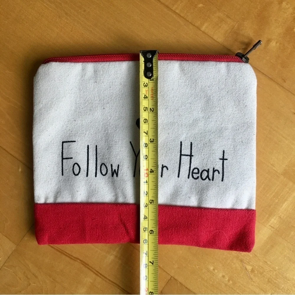 “Follow Your Heart” Cosmetic, Makeup, Travel Canvas Bag, Red, Ivory, Black